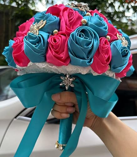 Sharebeauty 8.3" Handmade Satin Rose Bridal Bouquet Toss Round Wedding Bouquet Throw Toss Artificial Flower Bunch Teal Blue + Violet Red
