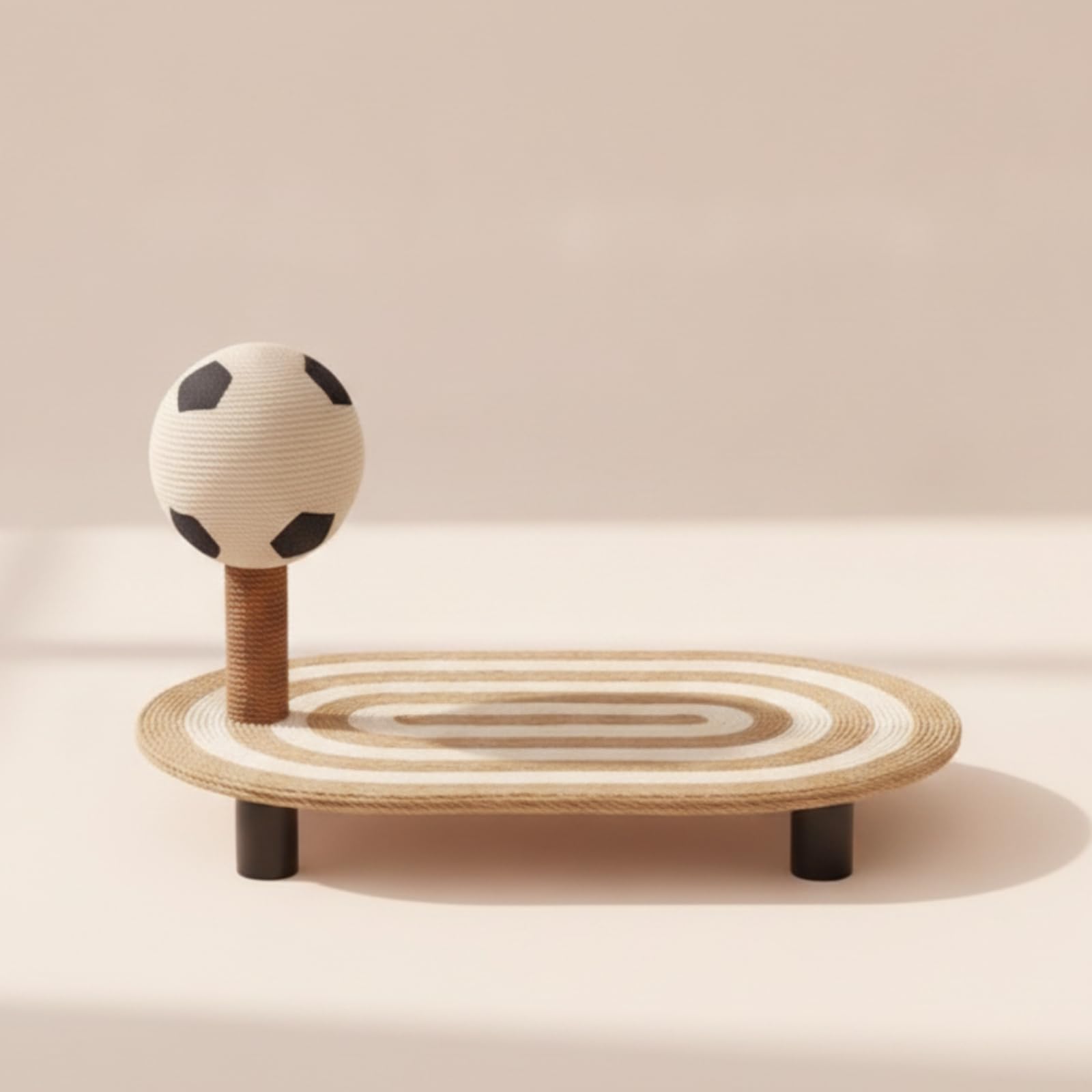 Tiragraffi per Gatti Tavola Ovale Centro Gioco Colonna Verticale con Palla Campo Stampato Superficie Intrecciata Sisal Struttura Stabile Compatta, Colore Canapa Naturale, Medio
