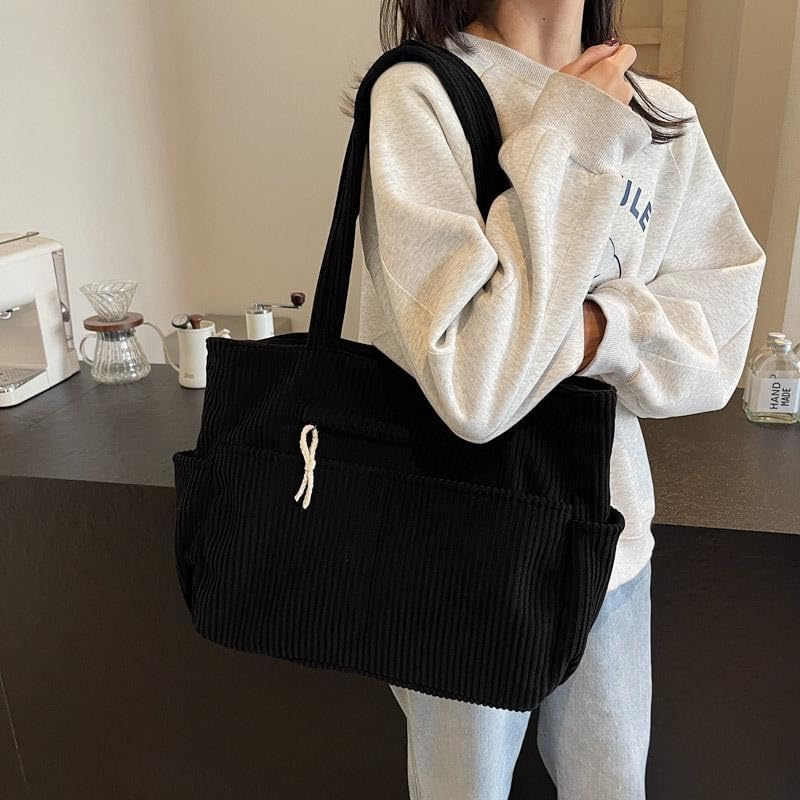Image of Kawn Korean Tote Bag Aesthetic Corduroy Canvas Handbag for Women Zipper Casual Large Capacity Shoulder Bag with Multi Pockets Versatile Everyday use for College Work Beach Travel