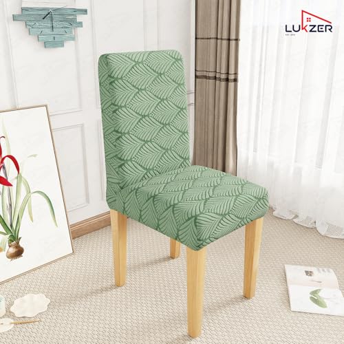 Image of Lukzer Elastic Dining Chair Cover - 4PC Pastel Green Leaf Trail | Textured High Stretch Jacquard Seat Cover | Removable Washable Short Dining Chair Cover Protector Seat Slipcover | (CC-128-04)