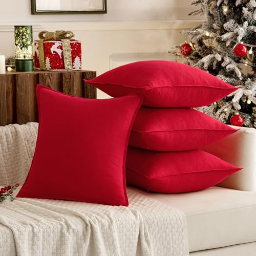 Image of MIULEE Decorative Linen Pillow Covers 18x18 Inch Red ​Boho Farmhouse​ ​Neutral Couch Throw Pillows for Bed Pack of 2 Accent Modern Pillowcase Sofa Livingroom Home Decor