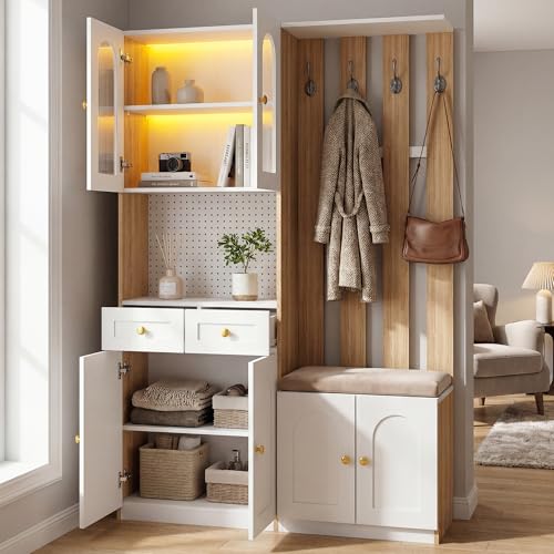 Ktipm Conjunto de Perchero 7 en 1 con Luz LED y Banco, Juego de Perchero Entrada Recibidor con 6 Puertas y 2 Cajones, Mueble Entrada Recibidor con 4 Ganchos, 120x30x180 cm, Blanco+Color Roble