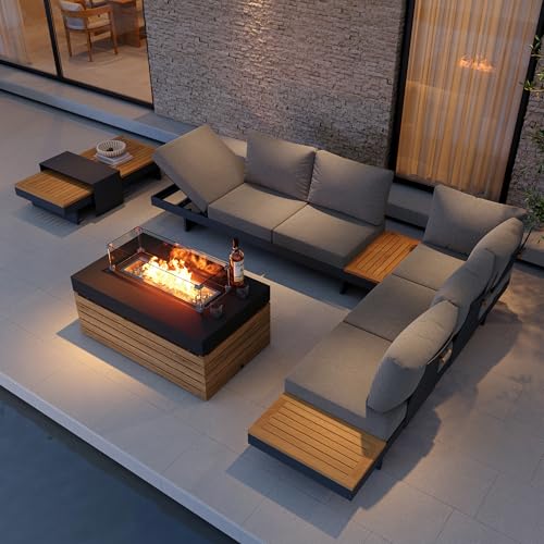homary Patio Conversation Sets with Fire Pit-Modular Outdoor Sofa Aluminum & Teak Outdoor Sofa Se with Glass Wind Guard Ideal for Patios & Balconies, 6 Pepole
