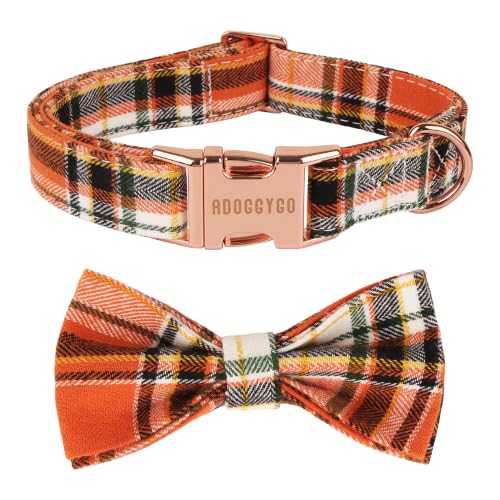 ADOGGYGO Fall Dog Collar with Bow, Orange Plaid Cotton Dog Bow Tie, XL