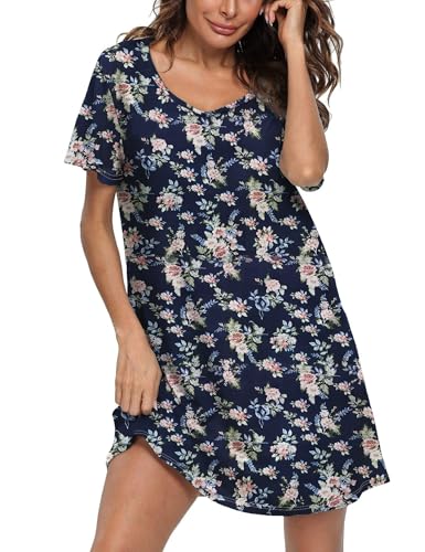 Image of ENJOYNIGHT Womens Cotton Nightgown Short Sleeve Sleepshirt Print Nightshirt | Short-Sleeve Crew Neck, Soft Cotton Fabric, Cartoon Printed Sleep Shirt, Loose Fit