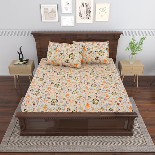 Image of Mafatlal Saanjh 144 TC Premium Cotton Bedding Double Bed 95x108 Inch | Cooling Summer Fabric | Decorative Floral Accent | Everyday use |Pillowcase Included | Cloud Cream Classic Interior