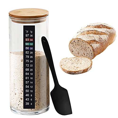3 Pcs Sourdough starter set - Glass sourdough jar kit - 50 Oz , 1.5 Liter Glass jar with lid - Silicone spatula - Thermometer strip - For fermenting.