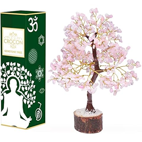 Crocon Rose Quartz Gemstone Tree Feng Shui Figurine Money Bonsai Good Luck Chakra Balancing Reiki Healing Crystals Decoration Ornament Sculpture Prosperity Table Decor Gift Size 10-12" Cover