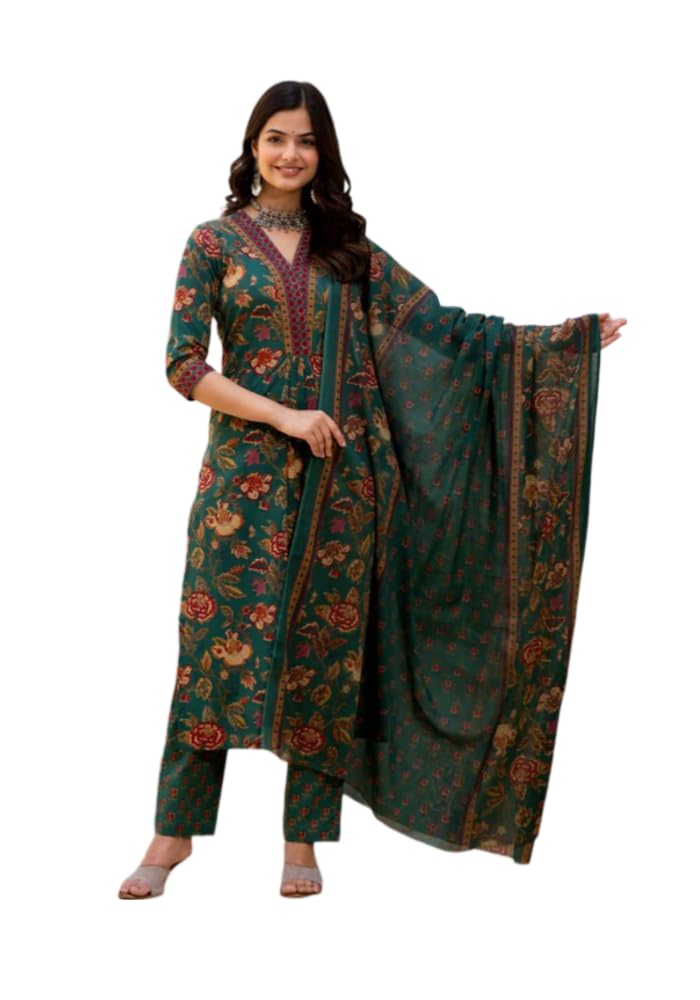 Fabnex Kurta Pant And Dupatta Set For Women | Kurta Set For Women (K-71-Green-M)