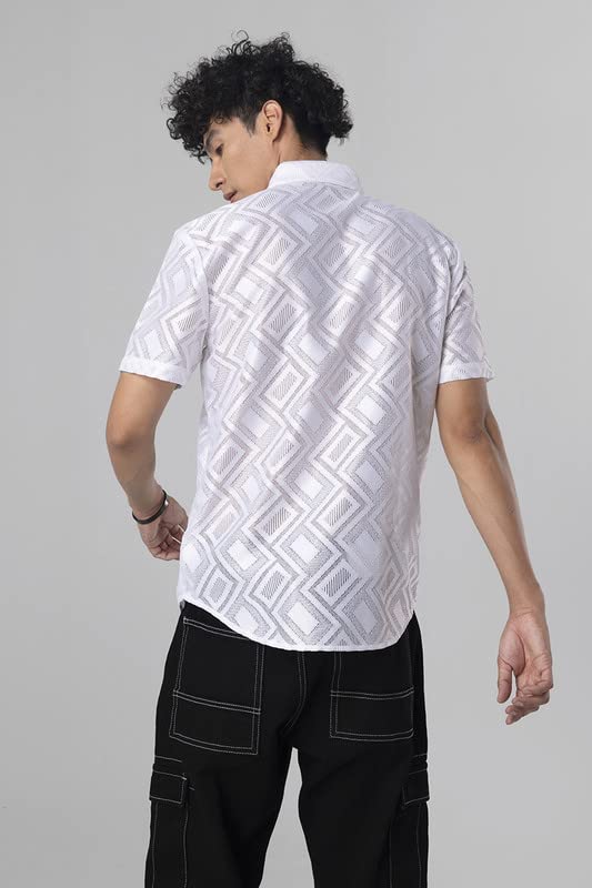 Image of SNITCH Hawaiian Hakoba Rectangle White Shirt Slim Fit Shirt