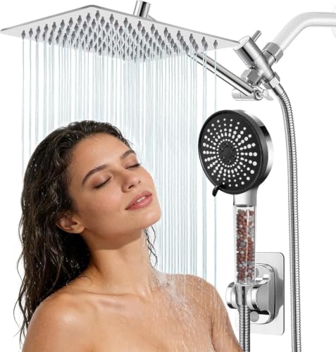 Image of Filtered Shower Head,8 Inch Rain Shower Head with Handheld Spray Combo, Adjustable High Pressure Rainfall Shower Head, Dual Showerhead Set with Extension Arm and 60 Inch Long Shower Hose(Silver)