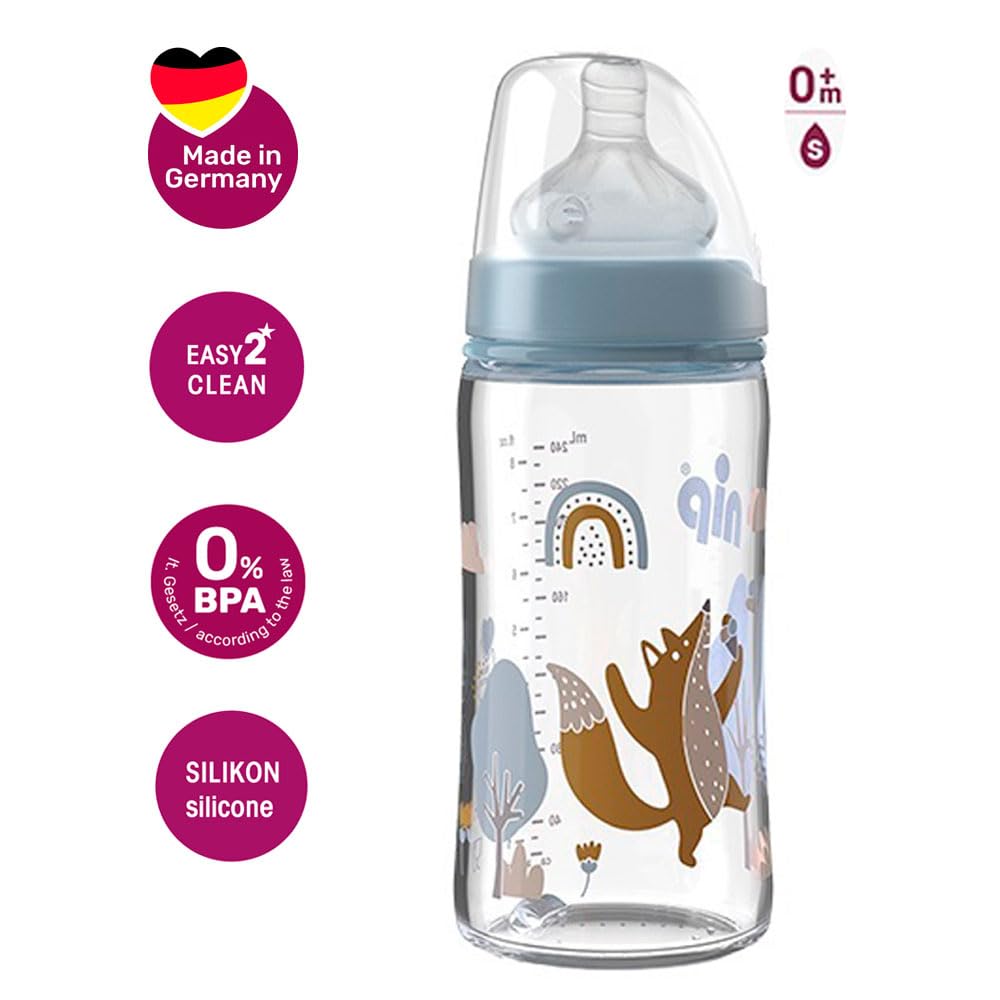 NIP Flacone in vetro a collo largo, 2 pezzi, 240 ml, anatomico, in silicone, misura 0+, latte
