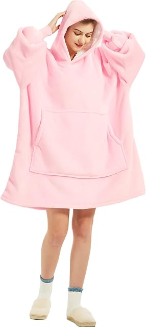 PandaTOP Oversized Blanket Hoodie - Super Soft Hoodie Blanket with Fleece -Wearable Comfy Hooded Sweatshirt Pink for Men, Women & Kids
