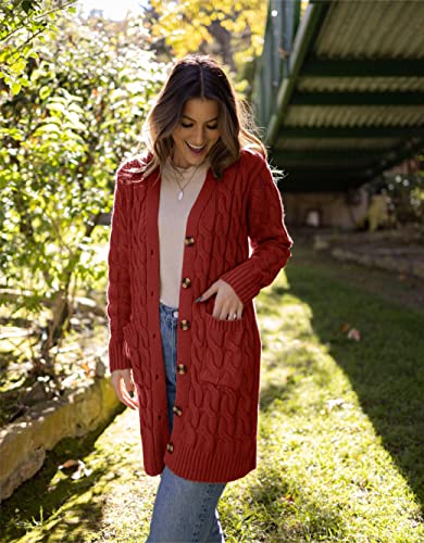 Image of PRETTYGARDEN Long Sleeve Cable Knit Long Cardigan for Women 2026 Spring Winter Chunky Open Front Button Sweaters with Pockets