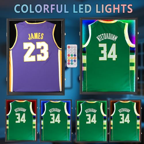 Image of IHEIPYE LED Jersey Frame Display Case - Shadow Box with LED Light - Black Lock, UV Resistant Acrylic Wall Mount Display Case for Football, Baseball, Basketball Jersey with Light