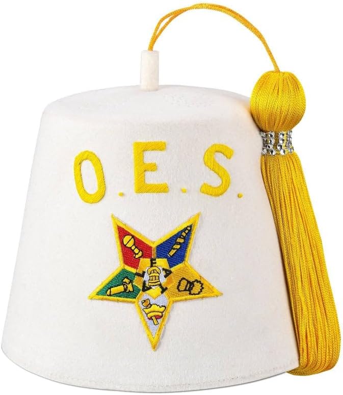 BRICKS MASONS OES Fez Hat - White With Gold Tassel