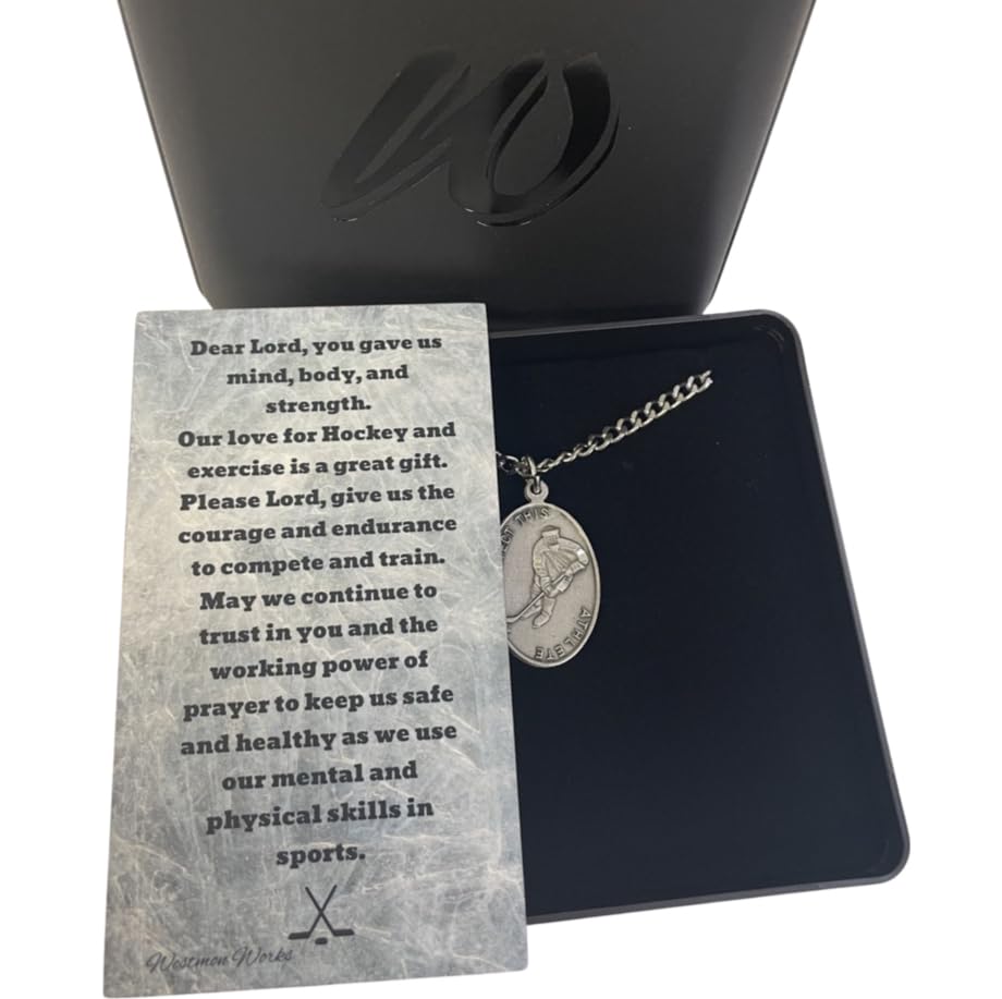 Westmon Works Hockey Pewter Medal Necklace with St Sebastian Stainless Steel Chain Boxed Set with Prayer Card Saint Expressions Premium Jewelry for Athletes2