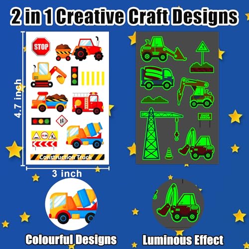 Leesgel LE015 24 Sheets Car Temporary Tattoos For Kids, Truck Transportation Glow In Dark Tattoos Stickers, Construction Vehicle Birthday Party Supplies Favors thumb #2