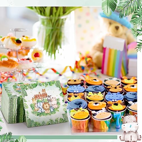 Yeaqee YEAQEE-QEQ4P14EFMGUNJ 100 Pcs Safari Baby Shower Napkins Jungle Animal Sage Green Paper Napkins 3 Ply Greenery Jungle Baby Shower Disposable Napkins thumb #2