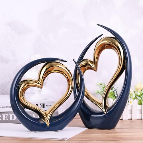 Estatua decorativa de corazón de cerámica azul y oro miniatura 4