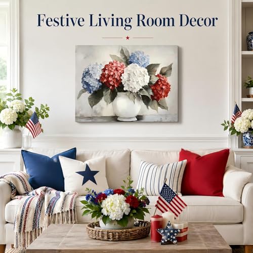 Image of RIBNTAK Patriotic Hydrangea Wall Art USA Red White Blue Flower Vase Print Pictures Wall Decor Canvas Painting Artwork Decorations for Bedroom Bathroom Kitchen Living Room,Made in USA