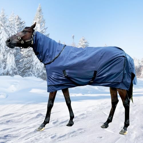 Image of Waterproof Horse Turnout Blanket Horse Winter Blanket Medium Weight Horse Blanket with Detachable Neck Cover Size 78 Navy Blue