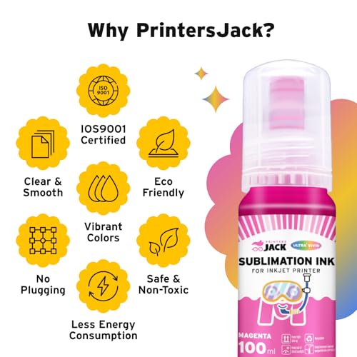 Image of Printers Jack 600ML Sublimation Ink for ET-8550 ET-8500 Wide-Format Supertank Printers Heat Press Transfer on T-Shirt (6x100ML, 6 Colors-BK PB CM Y GY) Bigger Bottles with More Ink Auto Fill the Tanks