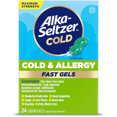Alka-Seltzer Cold Cold & Allergy Max Strength Fast Gels Allergy Medicine Multi-Symptom Relief Body Aches and Pains Congestion Relief 24 Count (Packing May Vary)