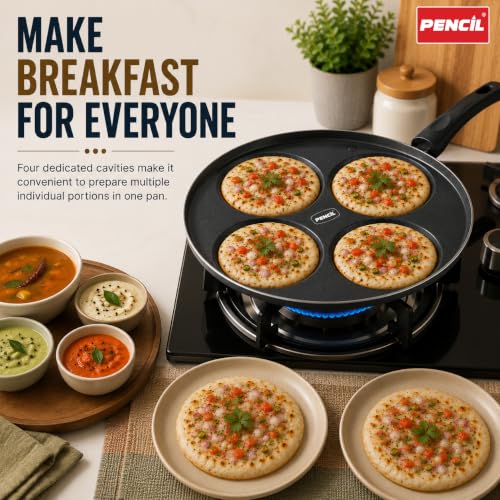 Image of Pencil Signature Non Stick Uttapam Tawa(4Pits) | 4 Cavities | Uttapam Maker | Pan Cake Maker | Gas Top Compatible Tawa | Durable and Efficient