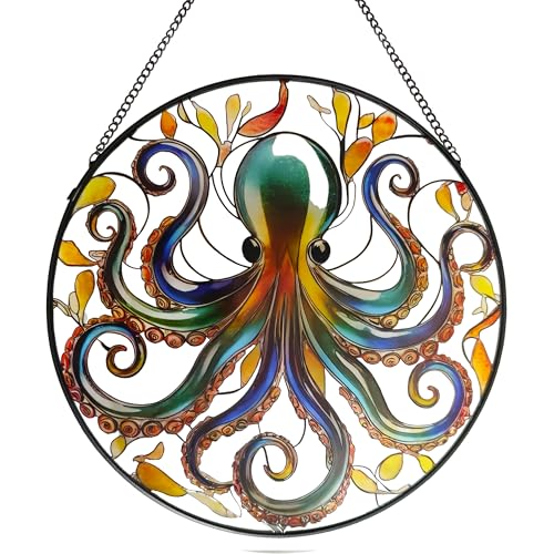 ZUSANG Octopus Stained Glass Window Hanging, 9.8’’ Sun Catcher Glass