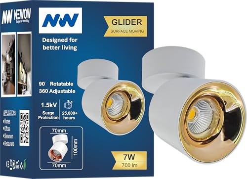 Image of NW 7W Glider SF Moveable White with Gold Aluminium 360 Degree Adjustable Cylindrical Shape LED Surface Light | COB Light | Wall Light | Spot Light | Light Color- Natural White (Pack of 1)