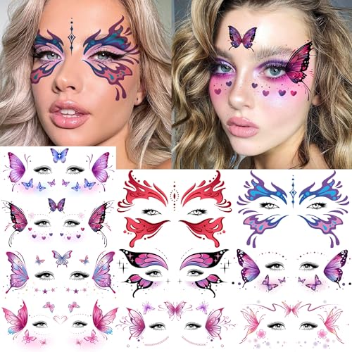 Image of 10 Sheets Butterfly Temporary Tattoos For Women Face Freckles Tattoo Sticker, Realistic Flying Butterflies Fake Tattoos Eyelid Eyeliner Eye Shadow Makeup Decal Halloween Costume Princess Fairy Cosplay