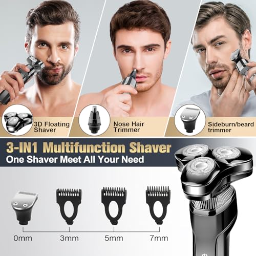 Image of Men's Electric Razor, Upgraded 4D Floating Magnetic Blade Head Rotary Shaver, 3-in-1 Multifunctional for Beard /Nose /Sideburns, IPX7 Waterproof Rechargeable Cordless Shaver, Turbo Speed, Gift for Men