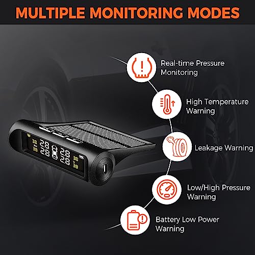 Vaoyao Tire Pressure Monitoring System Tpms, Solar Power Universal Wireless Car Alarm System With 4 External Sensors, Lcd Real-Time Display 4 Tires' Pressure & Temperature Alerts Ensure Safe Driving #TOP2