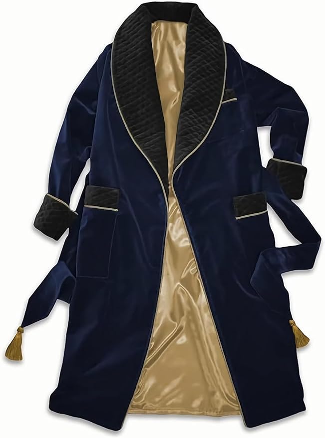 Men's Blue Long Gown Jackets with Black Fine Quilted Cord Piping Long Smoking Jacket Evening Wear2