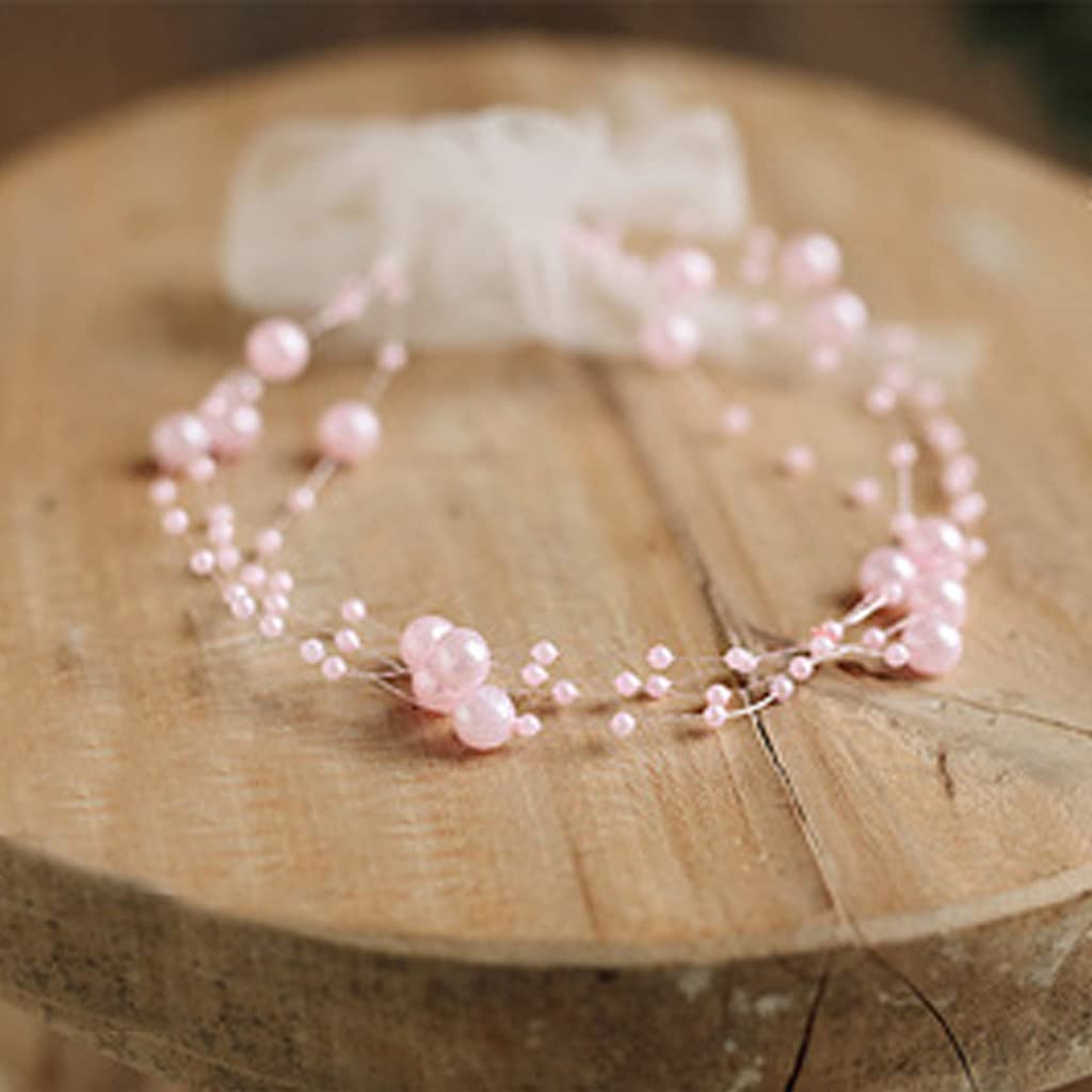 PHILSP Baby Necklace Newborn Photography Prop Baby Pearl Headband Princess Infant Headdress Hair Band Light Pink