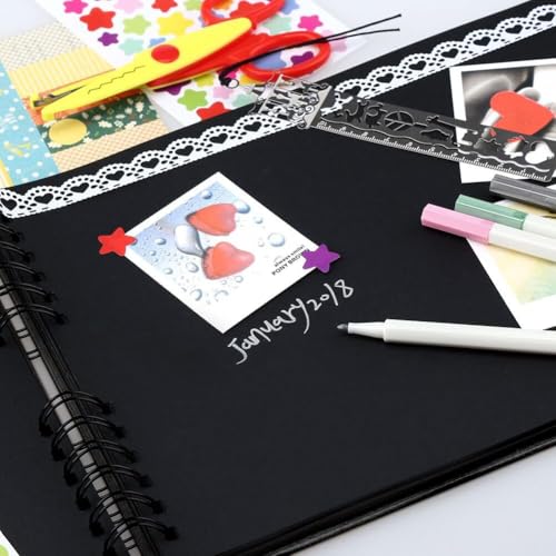 Image of DIY Scrapbook Album Black Spiral Photo Book for A4 Couple Special, Anniversary & Family Memories with Graduations /Memory Photo Album Color Stickers, Color Pen, 80-Page /40 Sheet, Medium