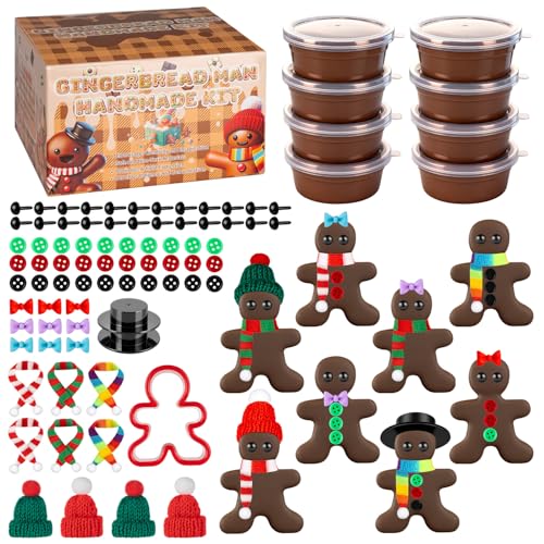 8 Pack Christmas Gingerbread Man DIY Crafts Kit, Air Dry Clay Gingerbread Kits, 85 Pcs Modeling Clay DIY Kit for Christmas Birthday Parties School Winter Party Fun