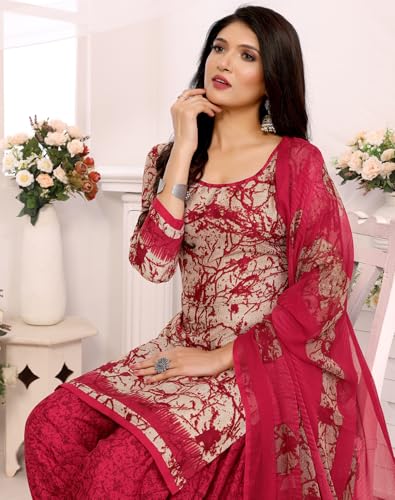 Image of Yashika Women's Printed Dress Material - Unstitched Crepe Fabric Kurti, Pants & Dupatta Set