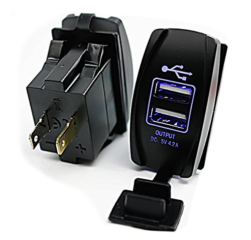 Switchtec 4.2 AMPS-Fast Dual USB Charger Rocker Switch Style Blue LED Back-lit for Boats, Side by Side, Off Road Vehicles, Recreational Vehicle