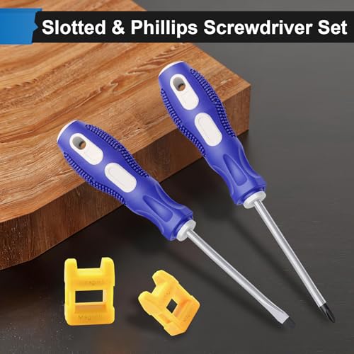 Image of smseace 2-Pack 4 Inch Slotted & Phillips Screwdriver Set, Long Phillips & Flat Head Magnetic Screwdriver with Rubber Handle include Magnetizer Demagnetizer