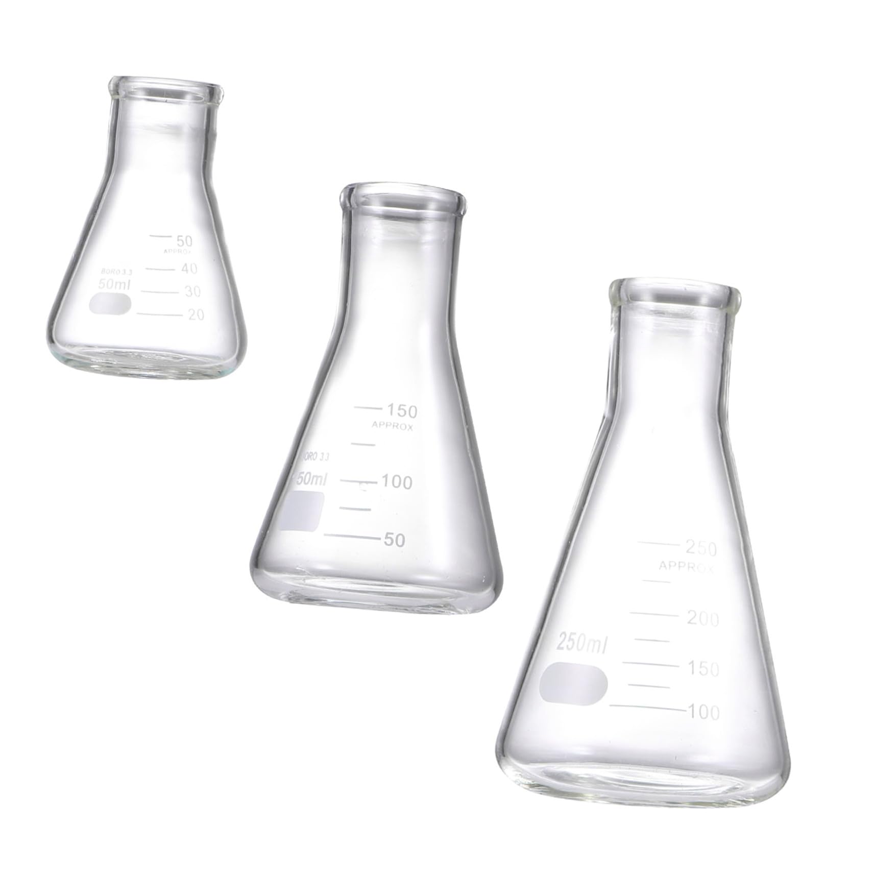 VILLCASE Frasco de Vidrio Científico de 3 Piezas Matraz Erlenmeyer de Boca Estrecha para Accesorios de Experimento de Escuela de Laboratorio de Estudiantes (50 Ml 150 Ml 250 Ml)