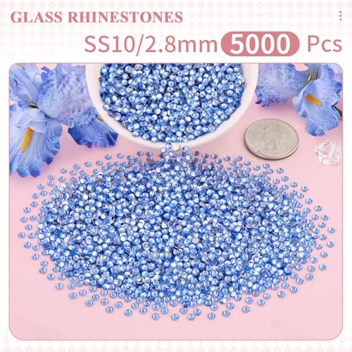 Image of 5000PCS SS10 /2.8mm Glass Rhinestones for Bedazzling (Light Sapphire) | Flatback Crystal Rhinestones for Crafting DIY Nail Art Makeup Decoration, Gems Diomand Charms for Tumbler Shoes Clothing Mug