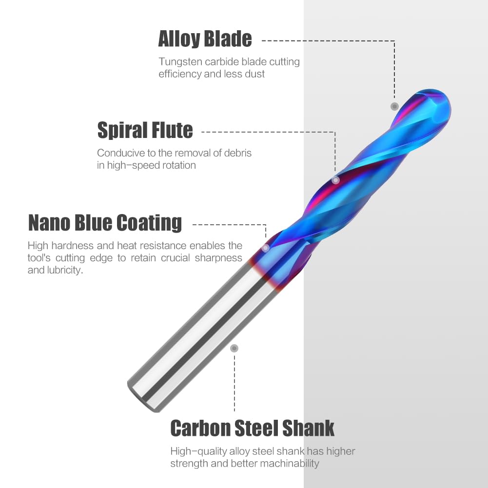 1pc Gambo da 1/4 pollici Gambo da 8mm Testa a sfera a 2 lame Coltello dritto Ripresa Blu Nano Router Bit Lavorazione del legno Fresa integrale in lega(6.35x6.35x28.5mm)