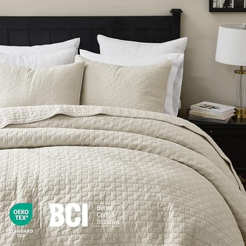 Image of palassio Beige 100% Cotton Quilt Queen Size Bedding Sets with 2 Pillow Shams, Textured Lightweight Soft Bedspread Shabby Chic Coverlet, Neutral Quilted Comforter Bed Cover for All Season, 3 Pieces