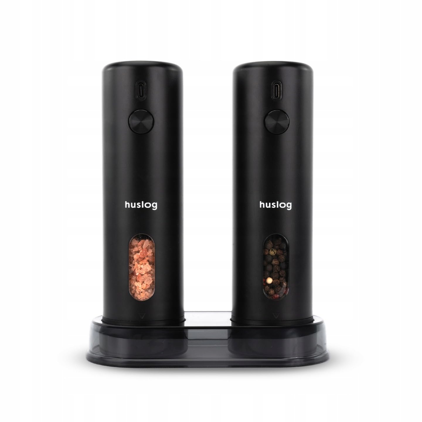 Huslog Electric Salt and Pepper Mill Set of 2 - USB-C Rechargeable with LED, Stand & Cleaning Brush - Spice Grinder for Salt, Pepper, Chili, Herbs (110 ml)