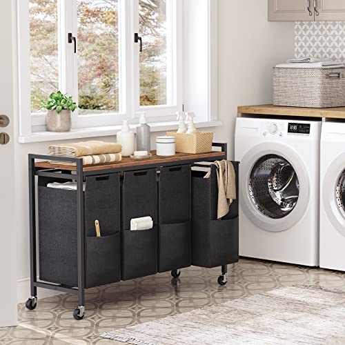 HOOBRO Laundry Sorter 4 Sections, Laundry Hamper with Wheels, 4 × 10.5 Gal (40 L), Rolling Laundry Basket, Pull-Out and Removable Oxford Fabric Bags, Rustic Brown and Black BF04XY01