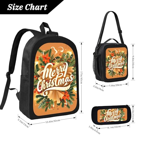 Christmas Bells Christmas Tree 3 Pcs 17 Inches Backpack Set with Insulated Lunch Bag And Pencil Pouch Large Back Pack for Men Women Lunchbox Pencil Case Waterproof Backpacks Lunch Box 3 Piece Daypacks4