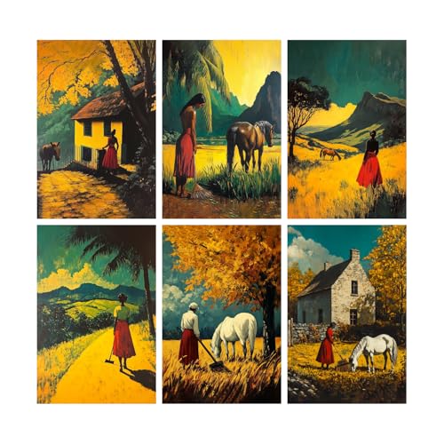Image of SiddArtify Vintage Landscape Wall Art Prints Set - Woman and Horse Poster Decor for Living Room Bedroom Office - 8x12 inch Board Pack of 6