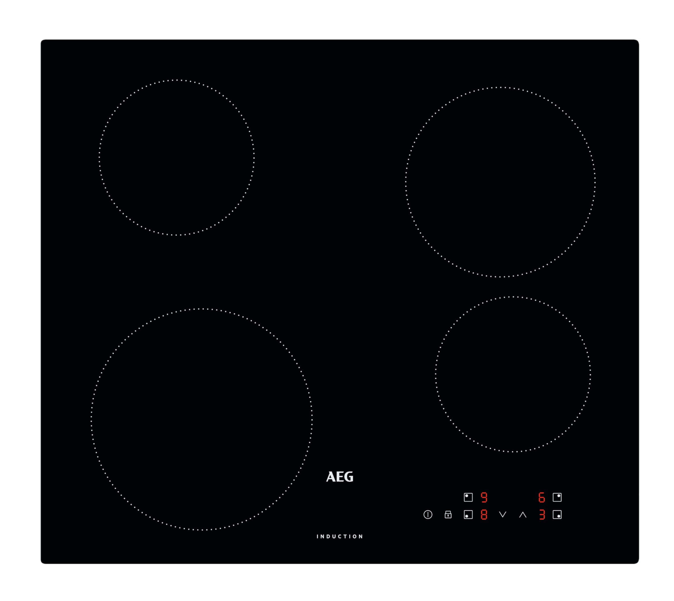 AEG Induktionskochfeld autark 60cm, 4 Zonen in verschiedenen Größen mit 4x Power-Funktion für schnelles Kochen, 10 Stufen, Rahmenlos, Touch-Bedienung, Kindersicherung, aufliegend, IB6420ACB